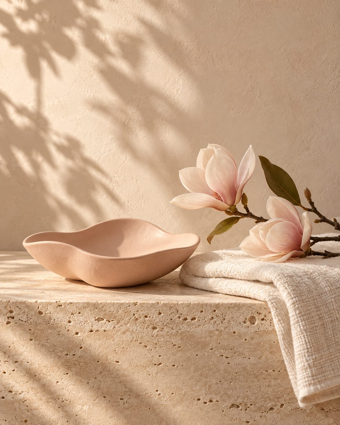 Magnolia flowers, peach ceramic and ivory linen in soft morning light